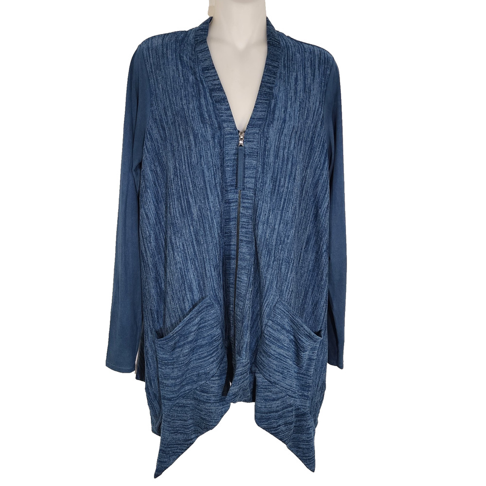 LOGO by Lori Goldstein Knit Cardigan with Faux Suede Details Size XS Blue Lake